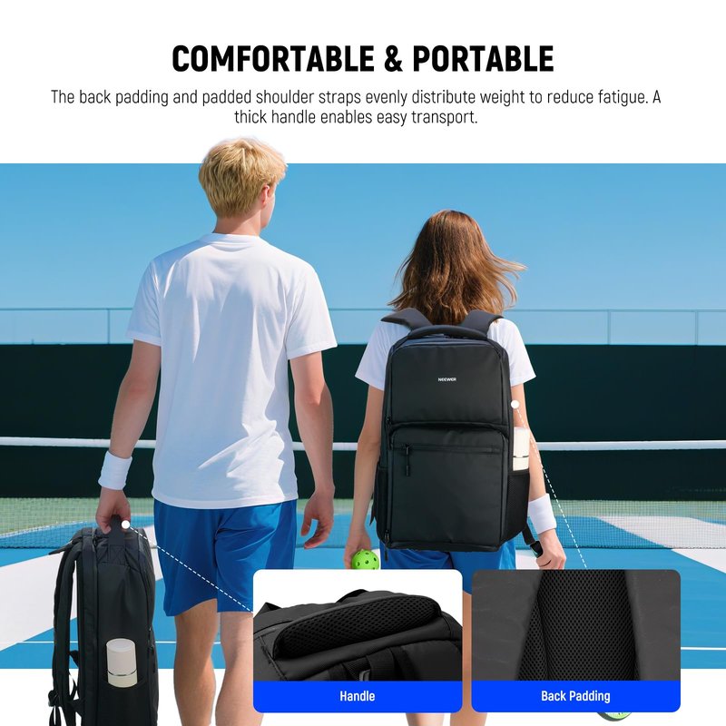 NEEWER Pickleball Bag for Men/Women, Holds 4-10 Paddles/6 Pickle Balls/Size 16 Shoes, Water Resistant Accessories Backpack with Shoe Compartment, Fence Hook, Side Pockets, Rubber Feet, PB01B