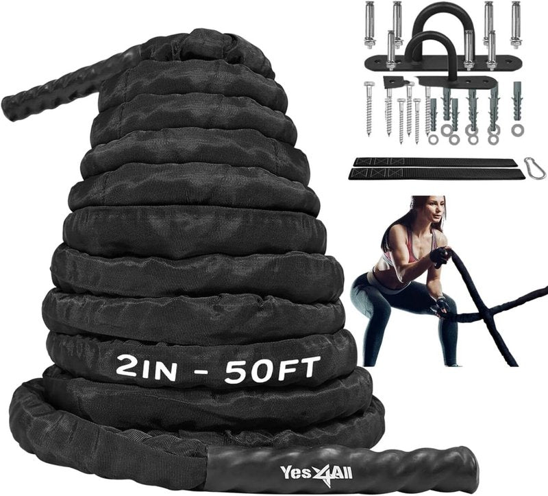 Yes4All Battle Ropes - Heavy Workout Rope with Cover & Steel Anchor | 1.5/2 Inch Diameter, 30/40/50 Ft Length