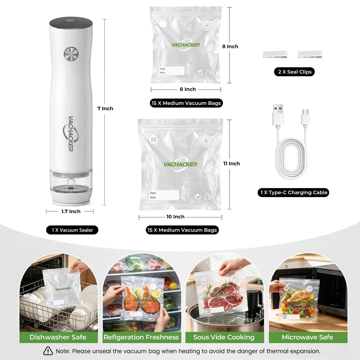 Vachacker Compact Handheld Vacuum Sealer with 30 Reusable Bags Food Sealer