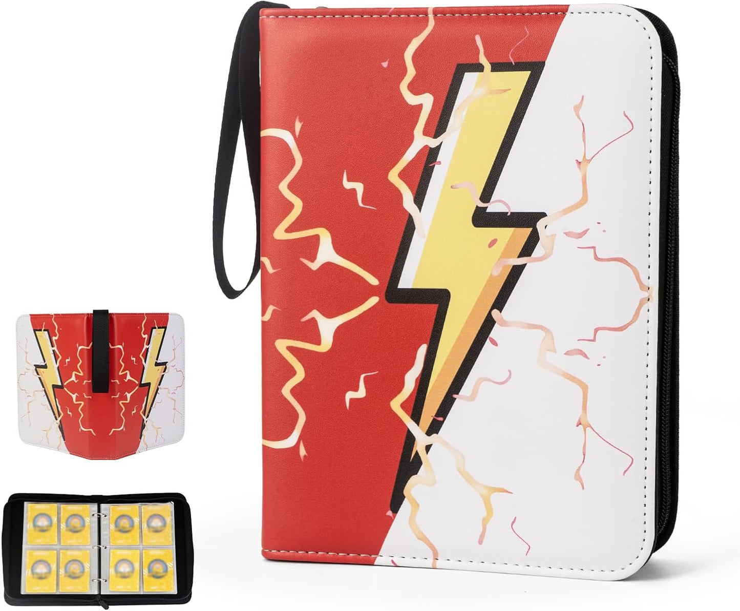 Card Binder - 4 Pocket Trading Card Holder with 50 Sleeves | Portable Red & White Collection Album for Games & Sports Cards
