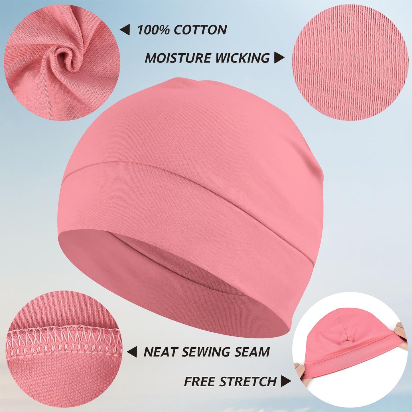 100% Cotton Skull Caps Beanie Sleeping Hats for Men Women 2-Pack Pink