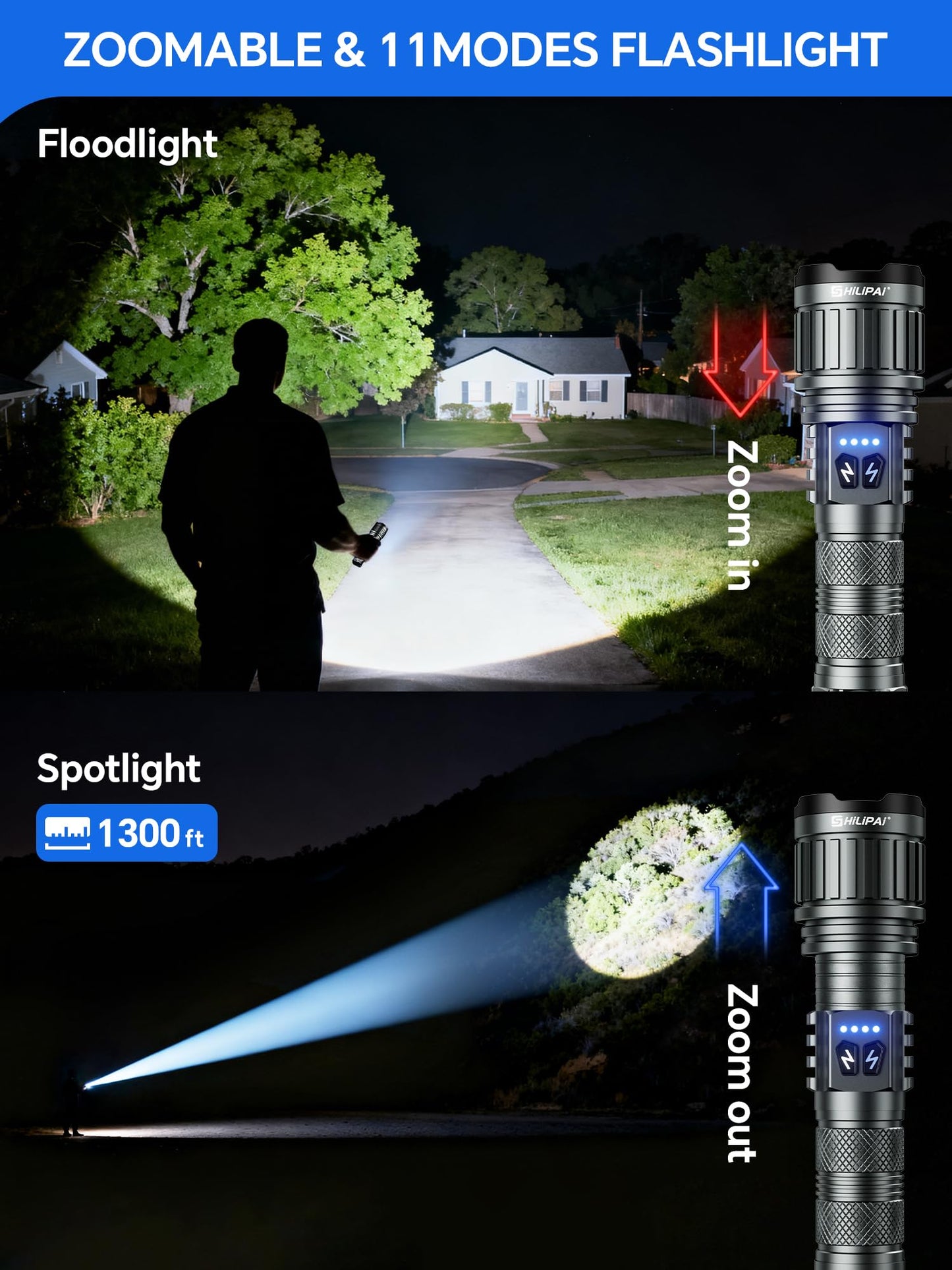 SHiLiPAi Dual White & Warm Flashlight,Rechargeable High Lumens Tactical Flashlight, 11 Modes Zoomable Waterproof Handheld Flashlight for Outdoor Camping Hiking Emergency
