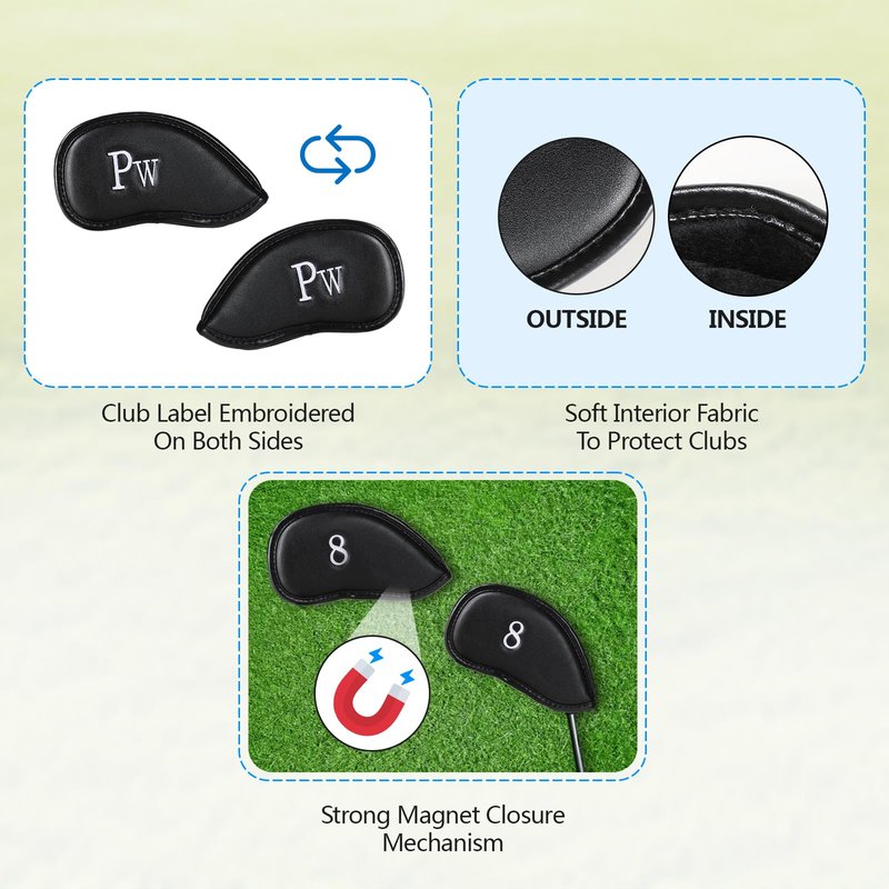 Ecsoiam Premium Synthetic Leather Golf Club Covers -Double-Sided Embroidered Golf Iron Covers with Magnetic Closure, Perfect Iron Covers for Golf Clubs, Durable and Stylish Protection for Your Clubs