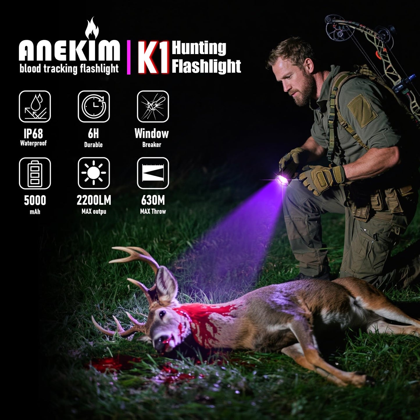 ANEKIM Blood Tracking Light for Deer,Blood Tracking Flashlight High Definition -Deer Hunt Blood Trail Flashlight Gifts K1 Hunting Accessories for Mens