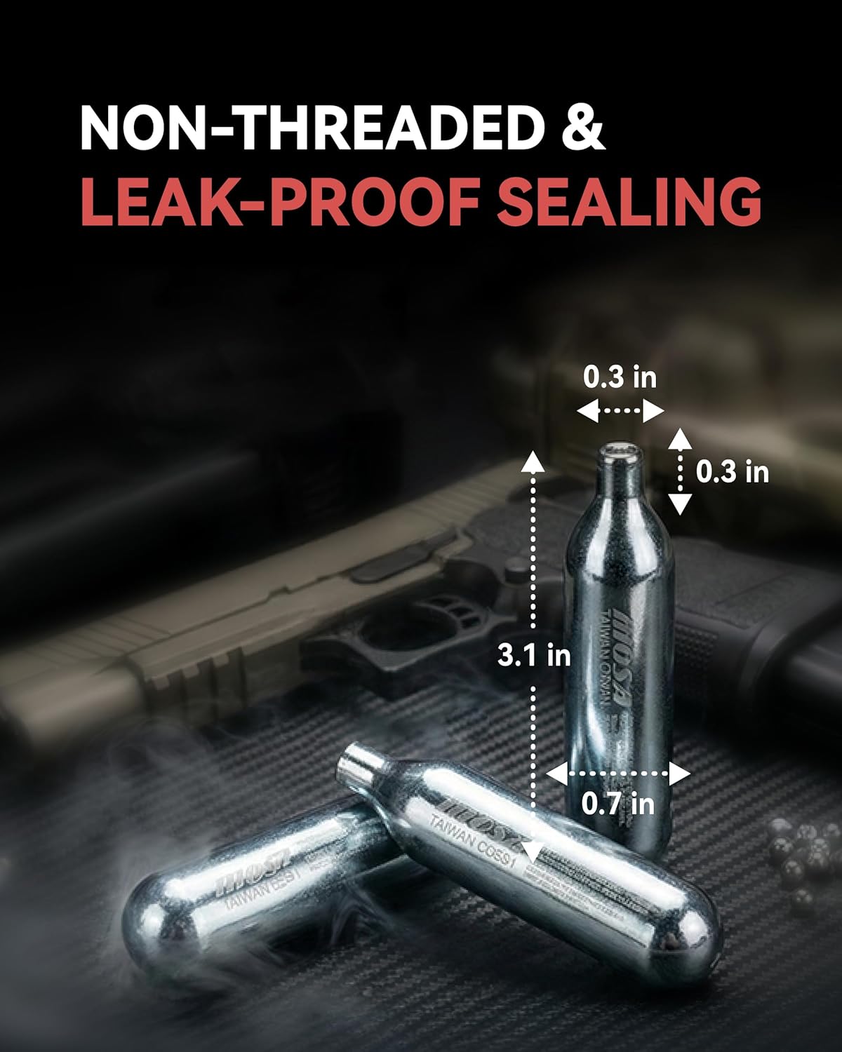 Mosa 12g CO2 Cartridges - 50-Pack Non-Threaded Leakproof Steel Capsules | Pure Carbon Dioxide for BB Guns & Airsoft Pistols