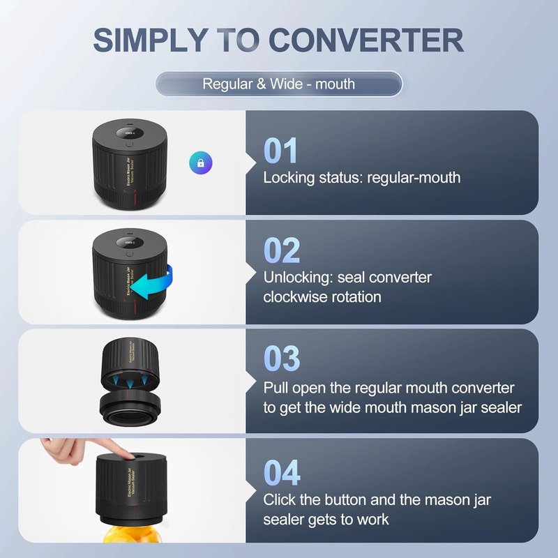 Mason Jar Vacuum Sealer - Electric Food Sealing Machine for Wide & Regular Mouth Jars | Black