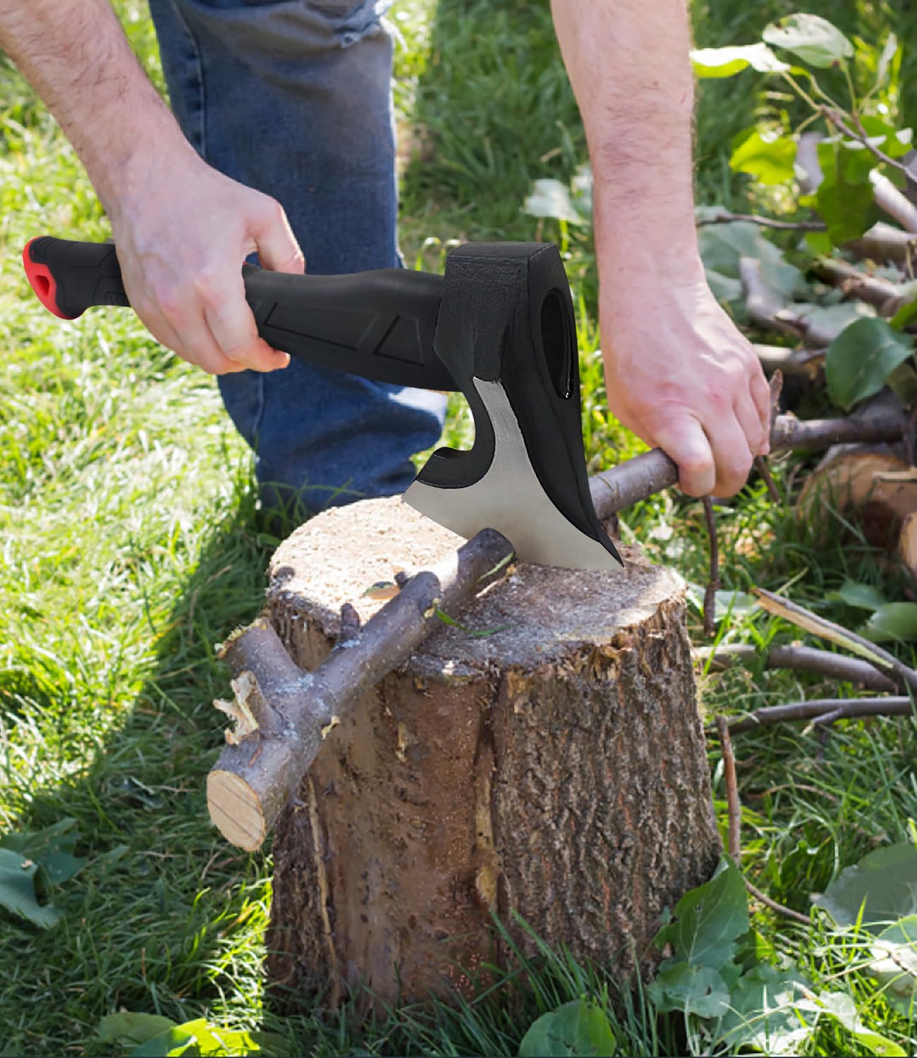 WICING 15 inch Hatchet for Small to Medium Size Kindling, Splitting Axe 1065 High Manganese Steel and Ergonomic Fiberglass Handle, 2.3 pounds