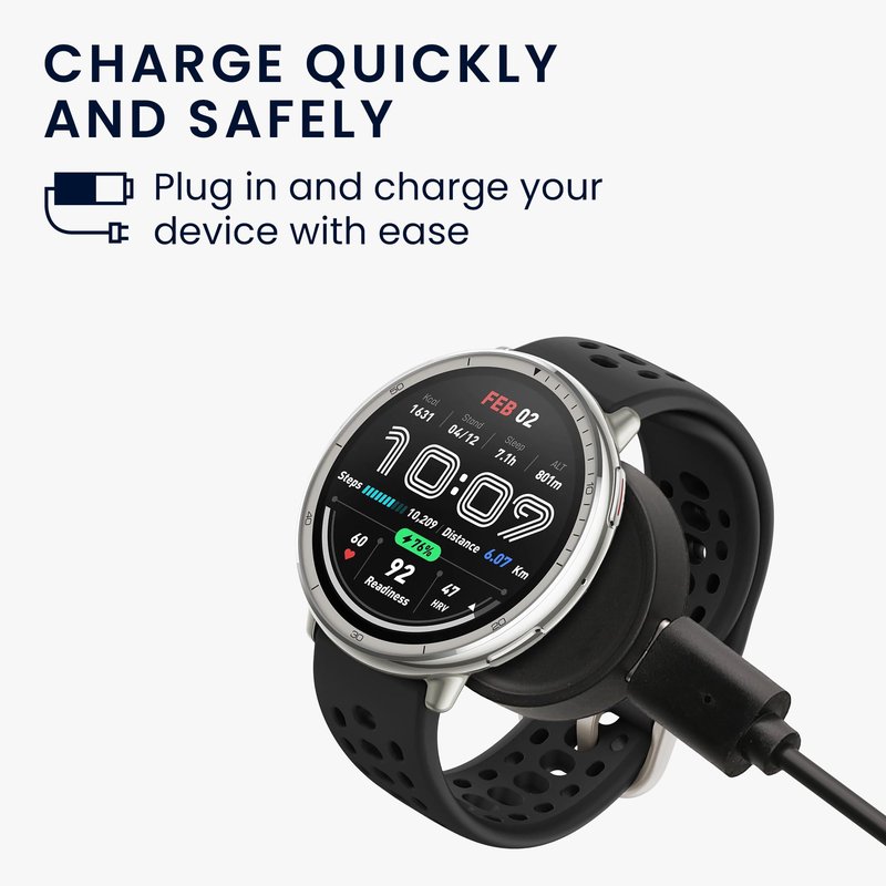 kwmobile USB Cable Charger Compatible with Amazfit Bip 6 / Amazfit Active 2 (A2437) / Active 2 Square (A2434) Cable - Charging Chord for Smart Watch - Black