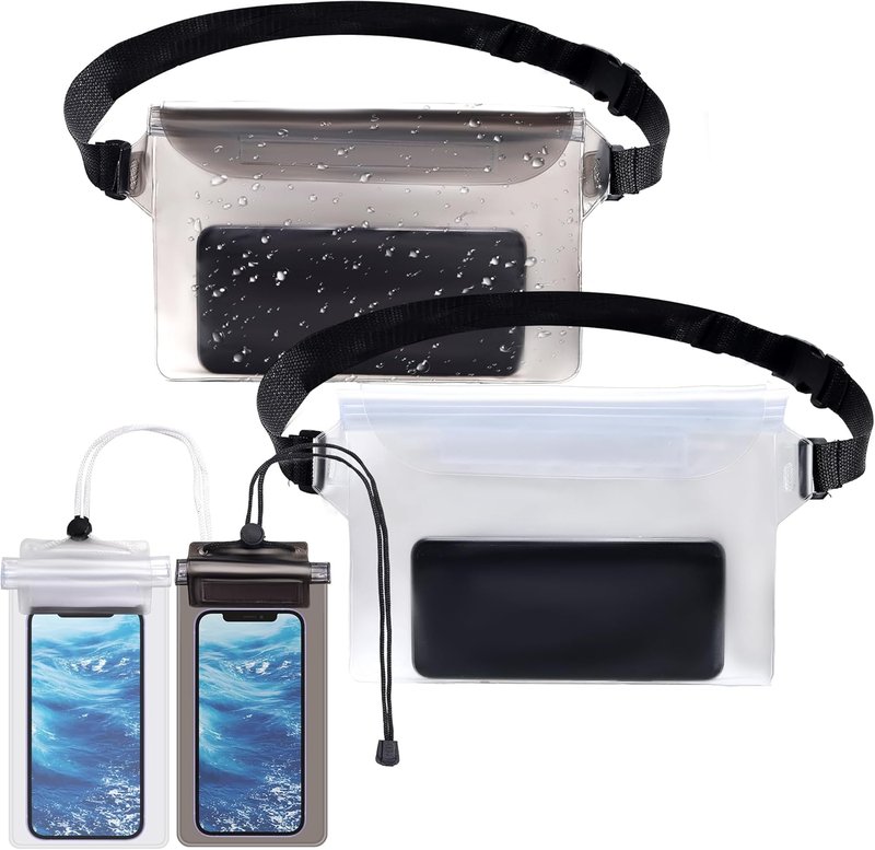 Waterproof Fanny Pack - 4 Pack with Waist Strap & Phone Pouch | Ideal for Kayaking, Swimming, Fishing (Black & White)