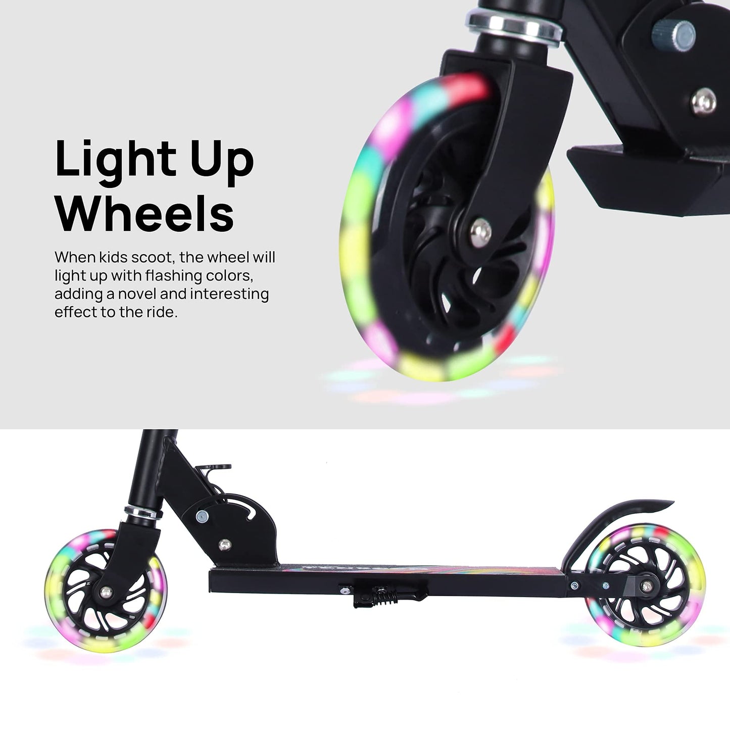 TENBOOM Scooter Toys for Kids Ages 6-12/3-5, Max Load 220 LBS, Foldable Lightweight Kick Scooter with Light Up Wheels, Kickstand, 3 Adjustable Levels, Rear Brake, Black