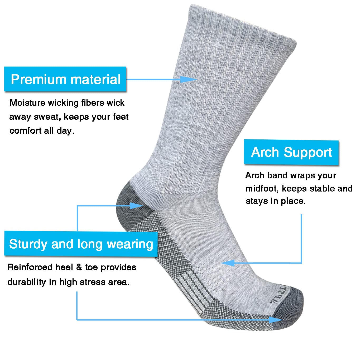 APTYID Men's Moisture Wicking Cushioned Crew Work Boot Socks, Size 9-12, Grey, 4 Pairs