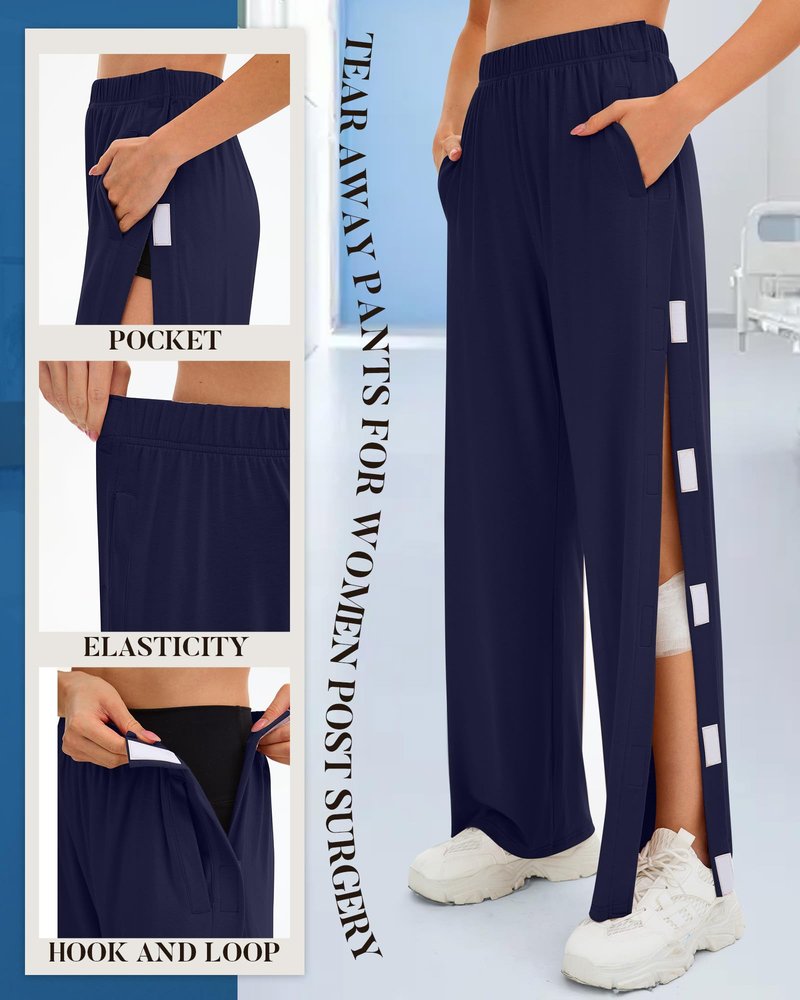 Sweetyweee 2 Pack Women's Tear Away Pants Side Full Open Post Surgery Sweatpants Breakaway Adaptive Casual Pants with Pockets(Navy Blue, Black,Medium)