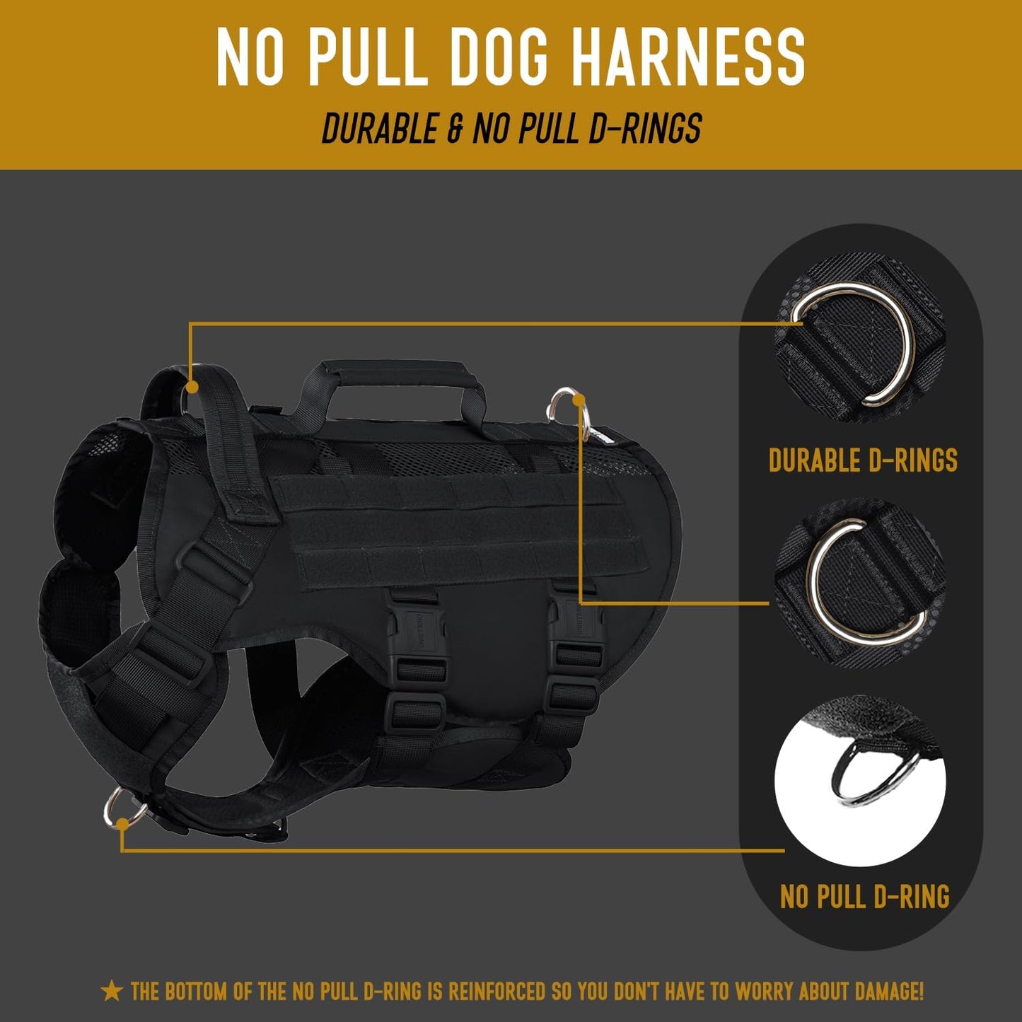 Service Dog Vest - Black Tactical Harness with Military MOLLE, Breathable Mesh & Durable Metal Buckle | Size L for Training & Hiking