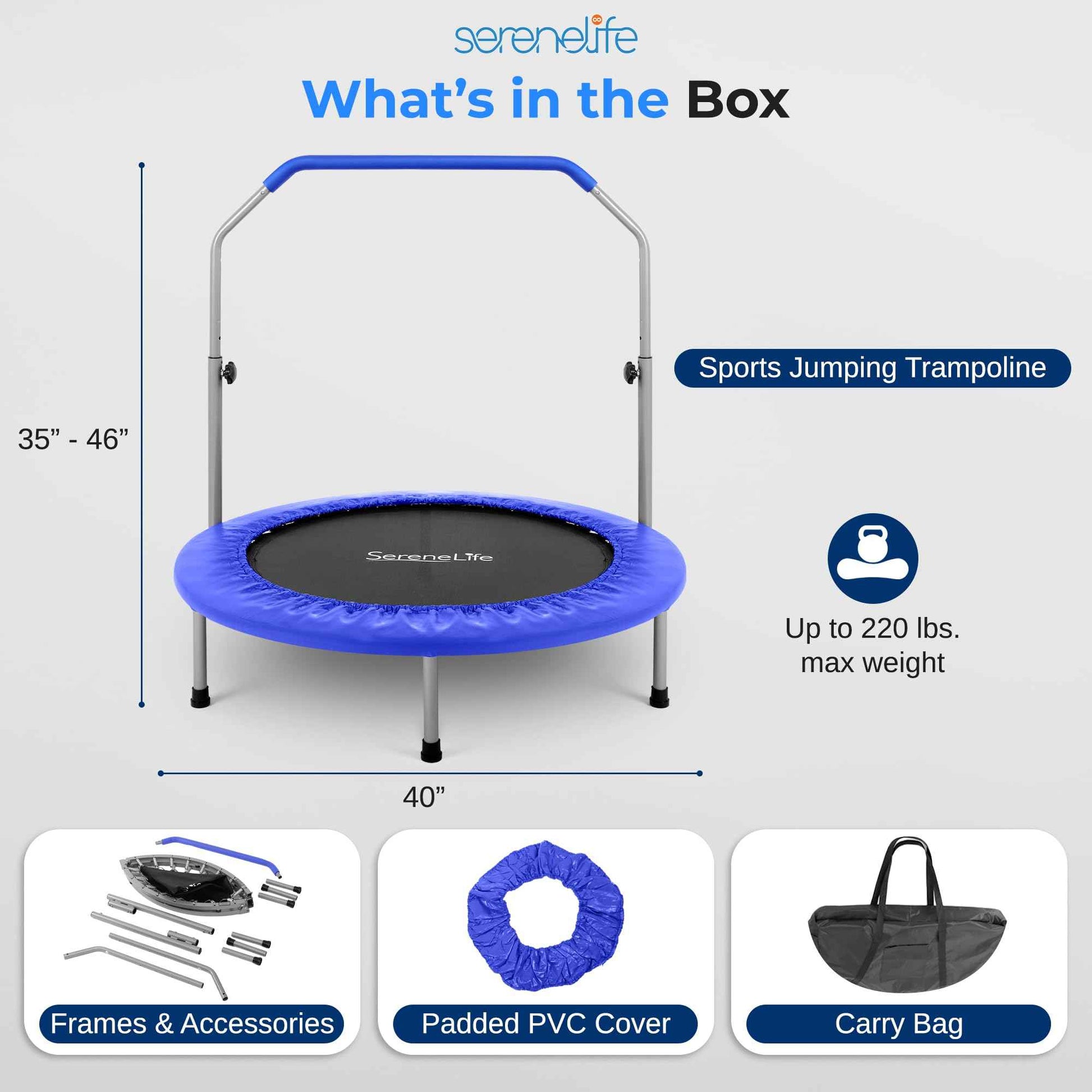 SereneLife 40" Foldable Mini Trampoline - Compact Fitness Trampoline for Kids Adults, Exercise Rebounder with Adjustable Foam Handle, Indoor/Garden Workout Equipment, Max Load 220 lbs, Deep Blue