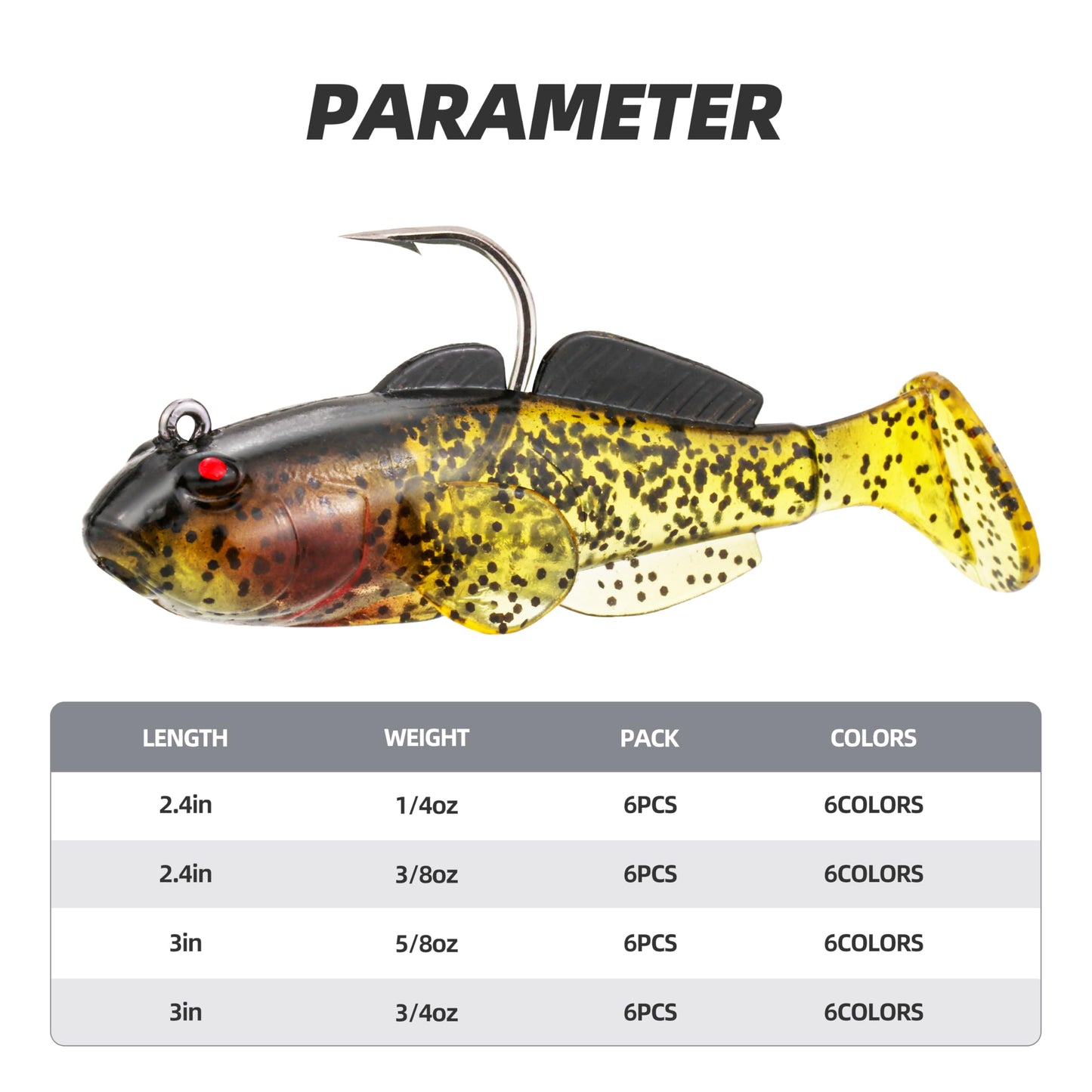 PROBITE Spotted T-Tail Swimbait Lures (6-Pack) – Pre-Rigged Soft Leadhead Jigs, Multi-Color Fishing Lures for Bass, Trout, Crappie in Freshwater & Saltwater