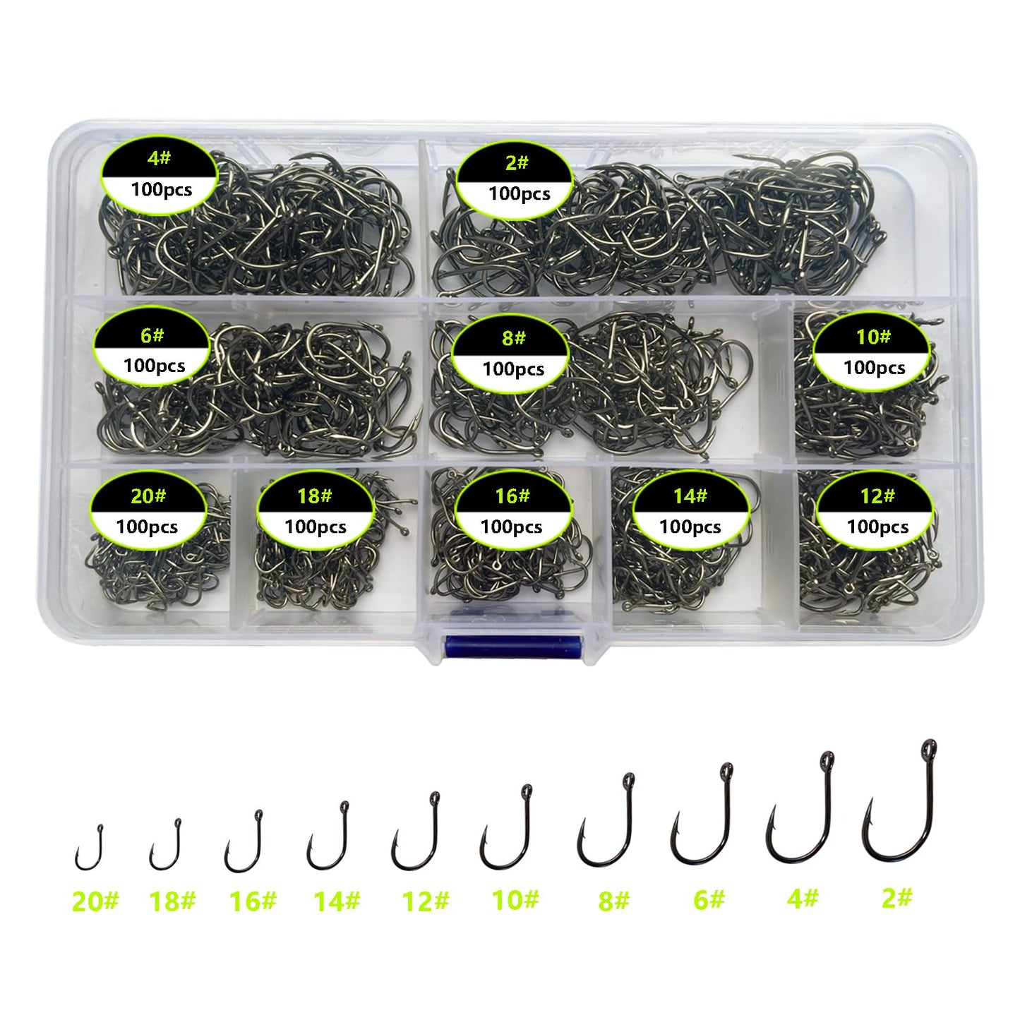 Gxamz 1000pcs 600pcs 300pcs Small Fish Hooks for Freshwater, 10 Specifications of Trout Fishing Hook Set (1000pcs, Black)