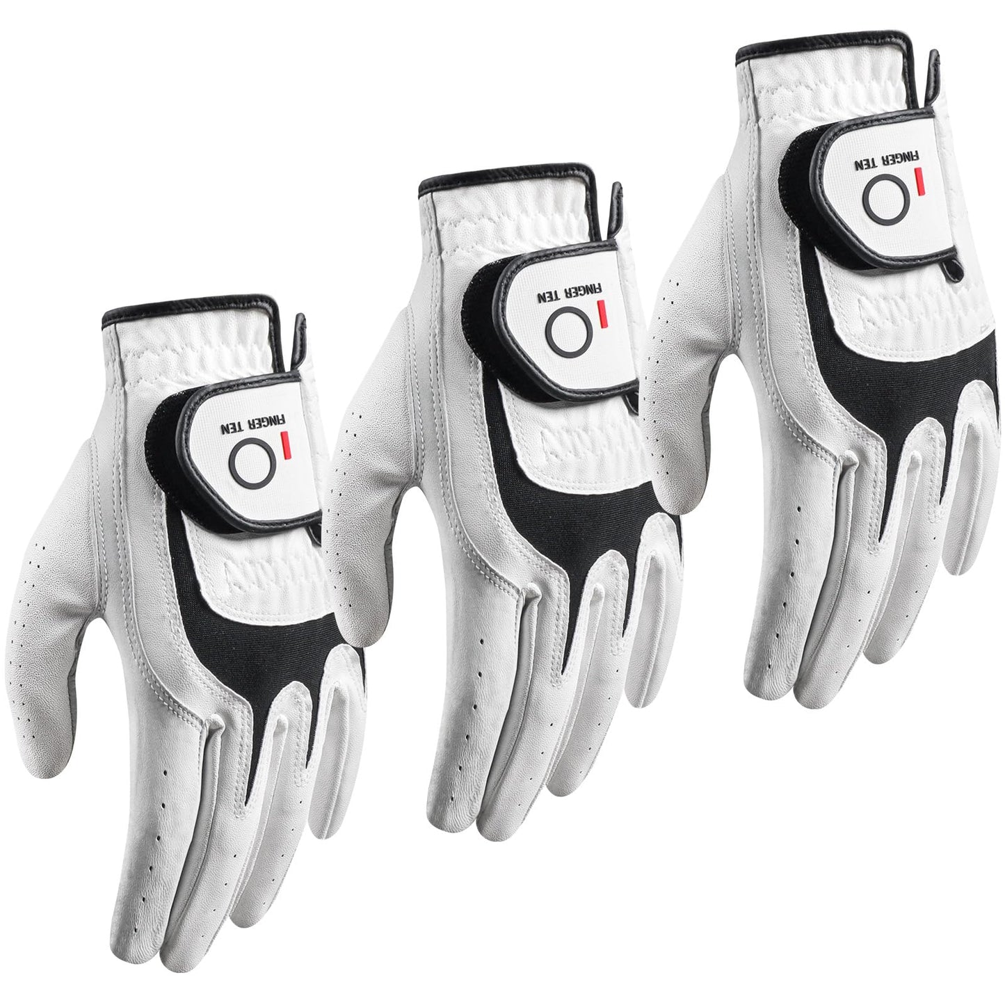 FINGER TEN Premium Golf Gloves Men Cabretta Leather Value 3 Pack for Right Left Handed Golfers, All Weather Grip Comfortable Glove Size S M ML L XL for Left Right Hand (White-3 Pack, Large, Left)