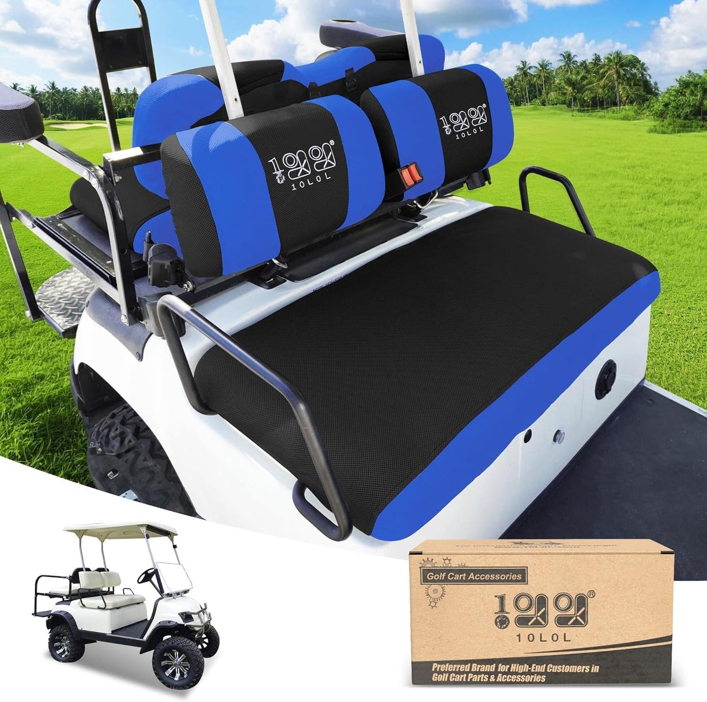 10L0L Golf Cart Front Rear Seat Covers for Yamaha G2 G14 G16 G19 G22, Club Car DS pre-2000, Tomberlin Emerge, EZGO Marathon, Made w/ 3D Air Mesh Polyester Fabric Breathable Washable - Blue and Black
