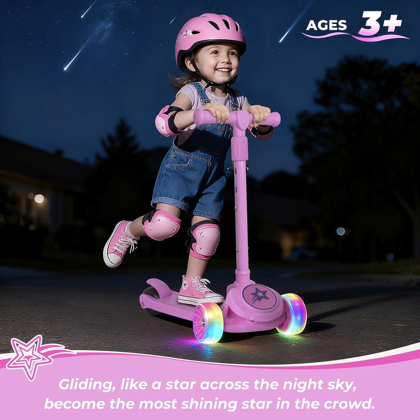 Nattork Kids Scooter for Girls Boys with Light Up Wheels, 3 Adjustable Height Handlebars, Lean-to-Steer Technology, Widen Anti-Slip Deck, 3 Wheel Scooter for kid ages 3-8, Support Riders Up to 110 LBS