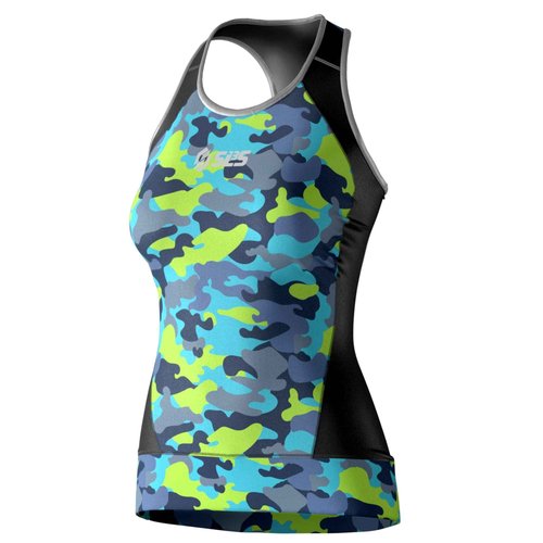 SLS3 Triathlon Top Women - Sleeveless Tri Top Women - Comfortable & Great Fit Triathlon Shirts or Singlet, No Shelf Bra (Black/Tropical Camo, Large)