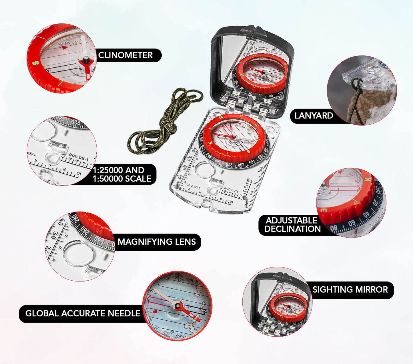 Sighting Compass Mirror Adjustable Declination - Boy Scout Compass Survival Camping | Base Plate Compass Kids Navigation | Orienteering Compass Hiking Map Read Military Compass Backpacking Clinometers