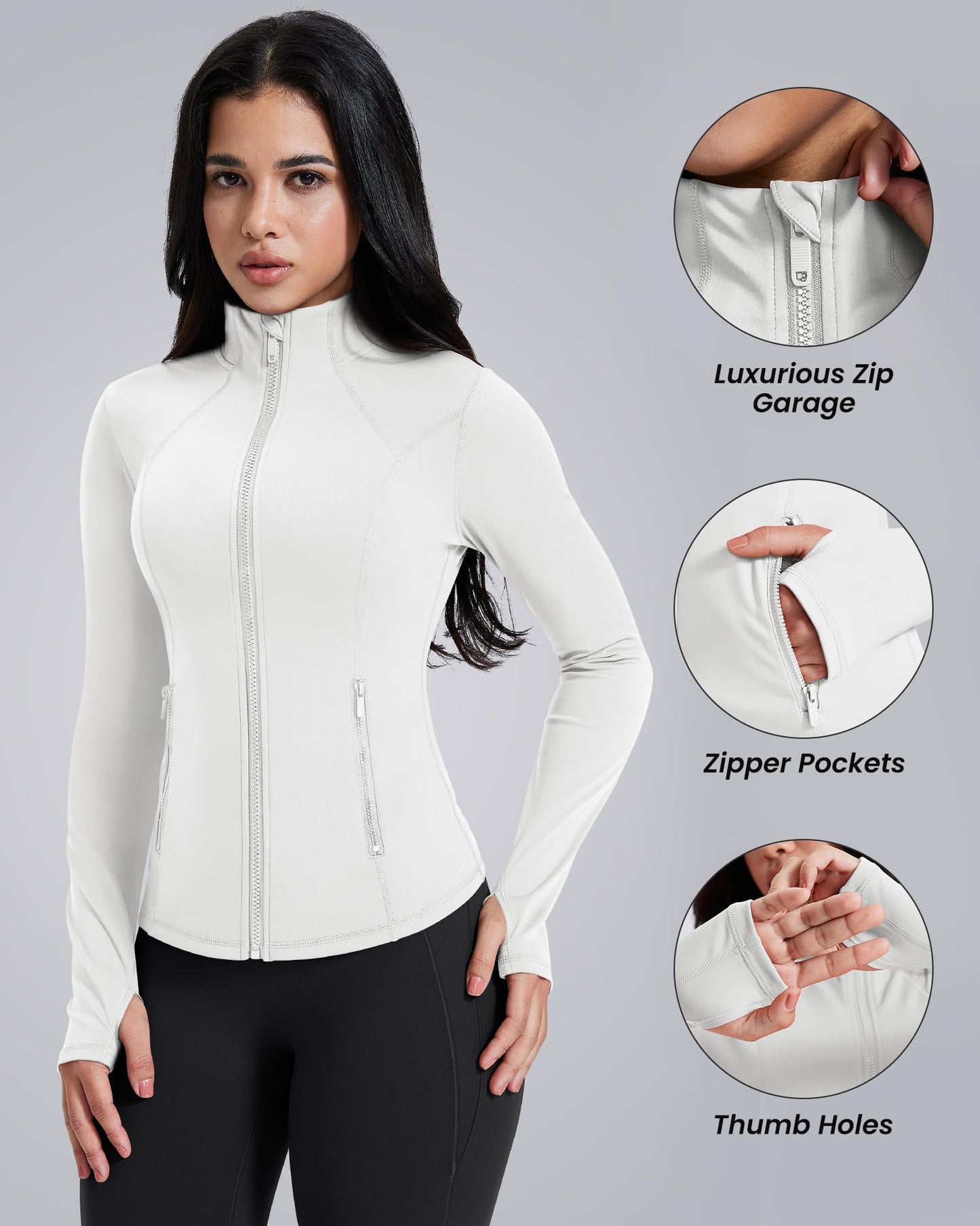 AVGO Womens Workout Jackets Lightweight Athletic Zip Up Jacket Slim Fit Running Gym Top with Pockets & Thumb Holes(White, L)