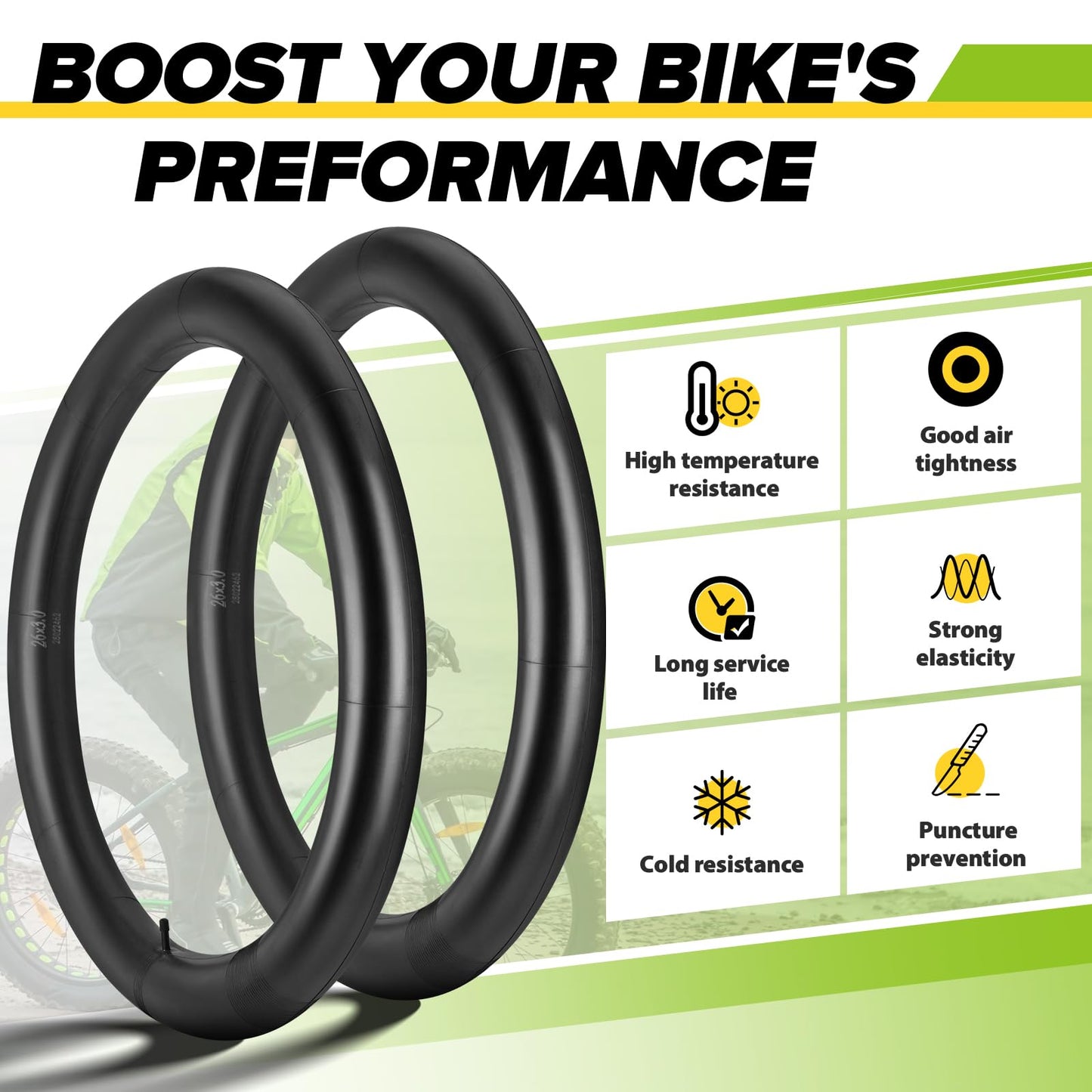 Hydencamm 4 Pack 26x3 Bike Tube, 26 X 3.0/3.50 Bicycle Tube 32mm AV Schrader Valve with 2 Tire Levers, Butyl 26x3 Bike Tire Tube Compatible with 26X3.0 26 X 3.5 for EBike/Electric/Mountain Bike