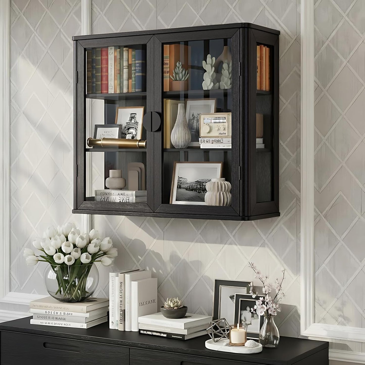 Bathroom Wall Cabinet Set of 2 - 56" Floating Display Cabinet with Glass Doors | Adjustable Shelves, Black with Golden Handles