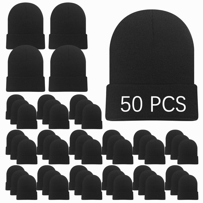 50 PCS Beanies Hats Men Beanie for Women Winter Knitted Hat, Elasticity Soft Ski Hat Warm Blank Bulk Black Ideal Gifts for Shelters, Charities Bulk Winter Hats for Homeless