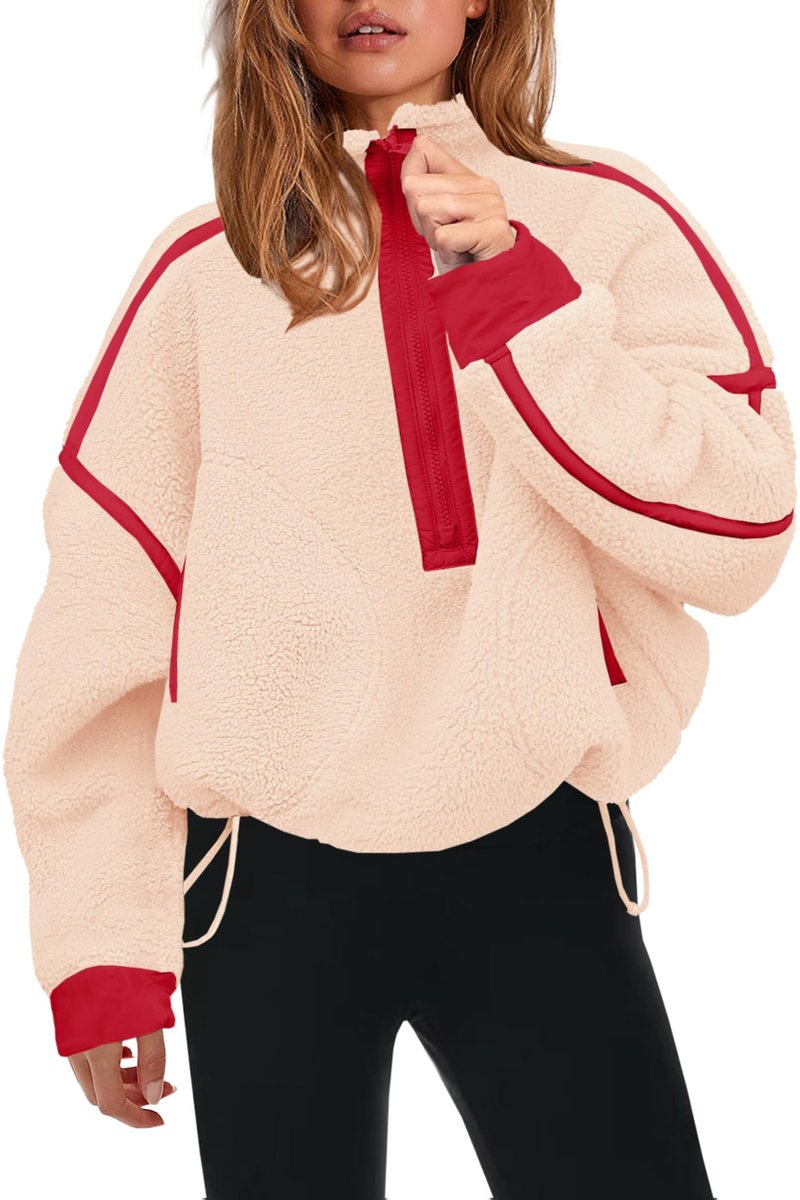 Panadila Womens Half Zip Fleece Pullover Sherpa Jacket Fuzzy Sweater Cozy Sweatshirt with Pockets Winter (Beige Red Combo,M)