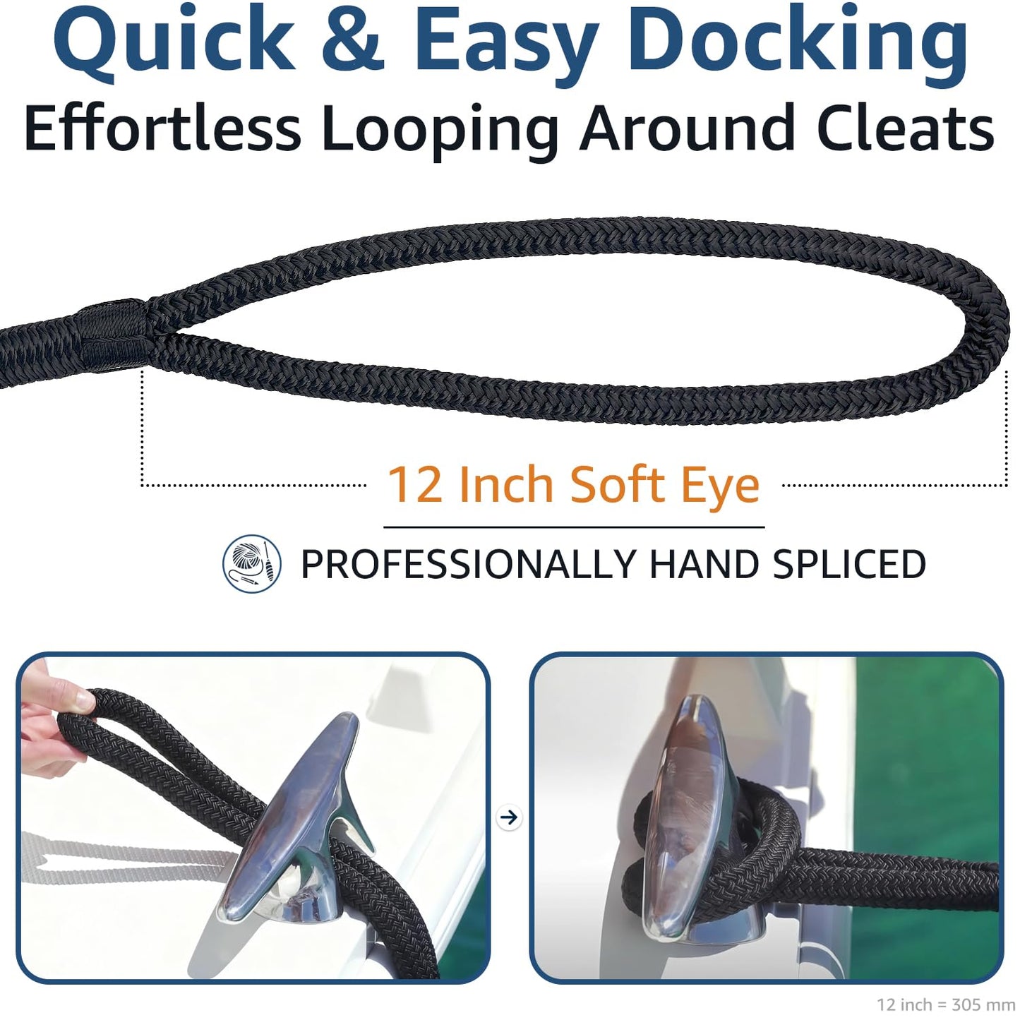 PACTHSD 4 Pack 3/8" x 20' Dock Lines - Marine Grade Nylon Boat Rope with 12" Loop for Docking and Mooring - Double Braided Boat Lines, High Strength, Easy Handling, Fray Resistant - Black