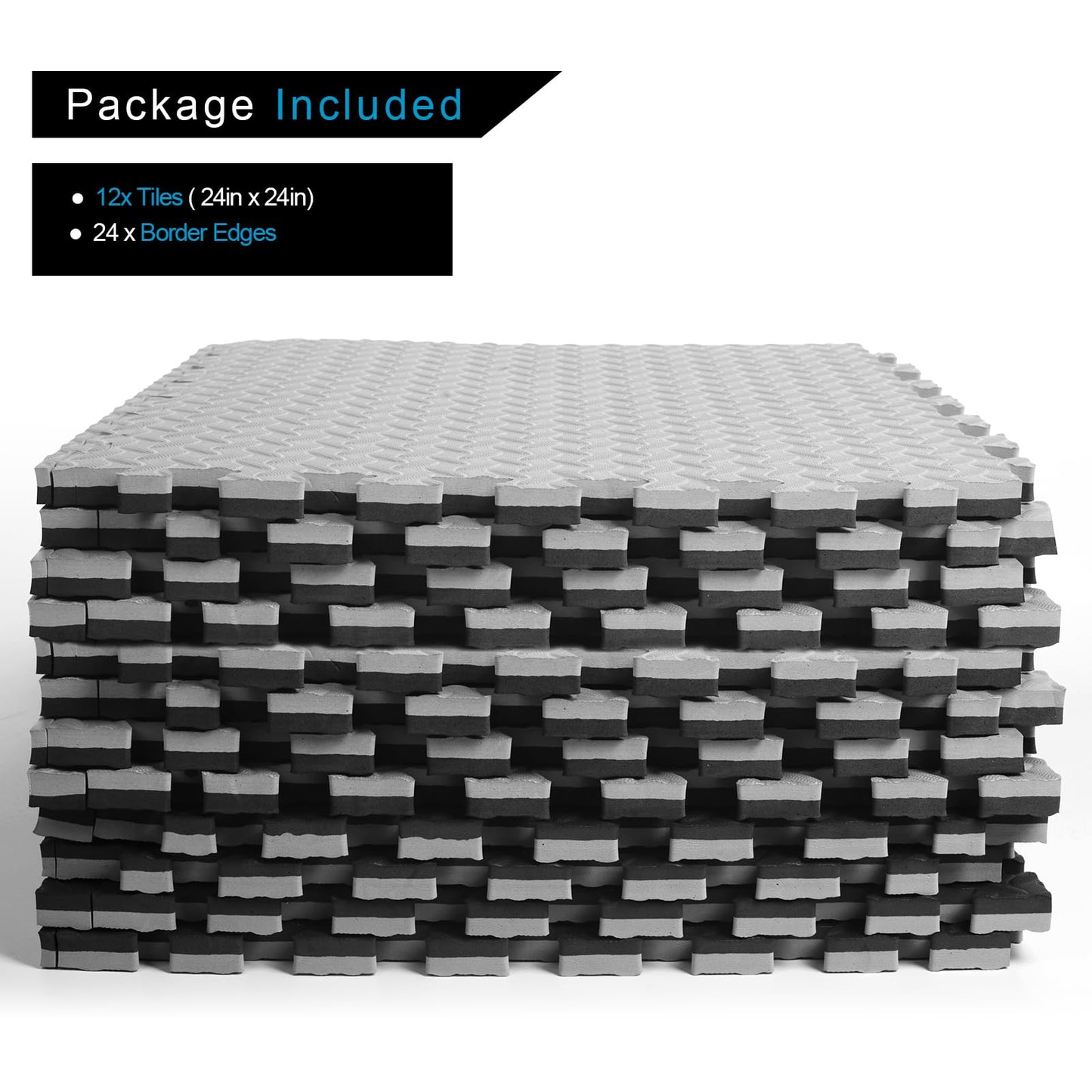 Holymus 3/4 in Thick 48 Sq Ft EVA Foam Exercise Gym Mats 12 Pcs - Interlocking Puzzle Floor Tiles for Home Gym Heavy Workout Equipment Flooring - 24 x 24in Tile, Black & Blue