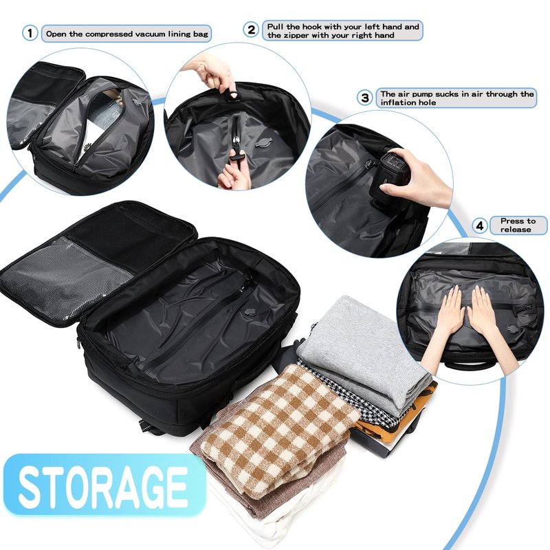 Cusangel Vacuum Backpack for Travel with Portable Electric Pump,Vacpack Pocket Compression Air Pump, 45L Expandable Airback (with Vacuum pump)