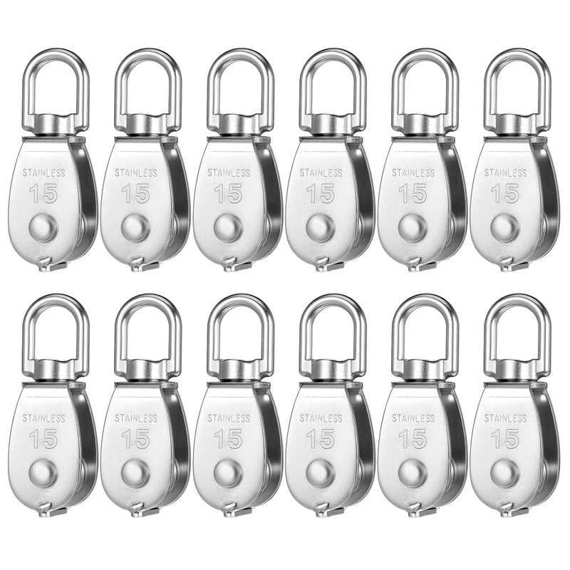 12 Pack M15 Pulleys for Rope, 304 Stainless Steel Wire Rope Cable Pulley, Heavy Duty Swivel Pulley Wheel Hanging Wire Towing Wheel for Lifting