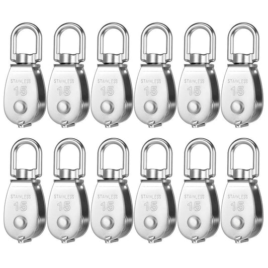 12 Pack M15 Pulleys for Rope, 304 Stainless Steel Wire Rope Cable Pulley, Heavy Duty Swivel Pulley Wheel Hanging Wire Towing Wheel for Lifting