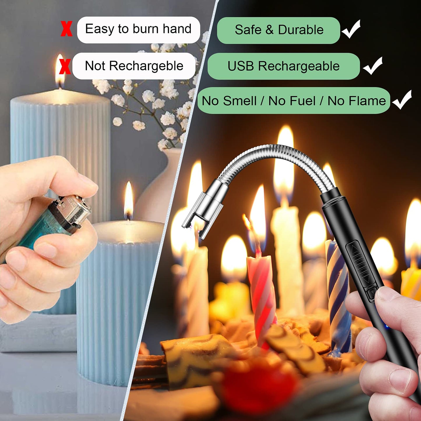 Candle Lighters 2 Pack, Rechargeable USB Long Lighter Arc Lighter Camping Lighter Grill Lighter for Candles Party Cooking BBQ Fireworks （Black & Rose Gold）