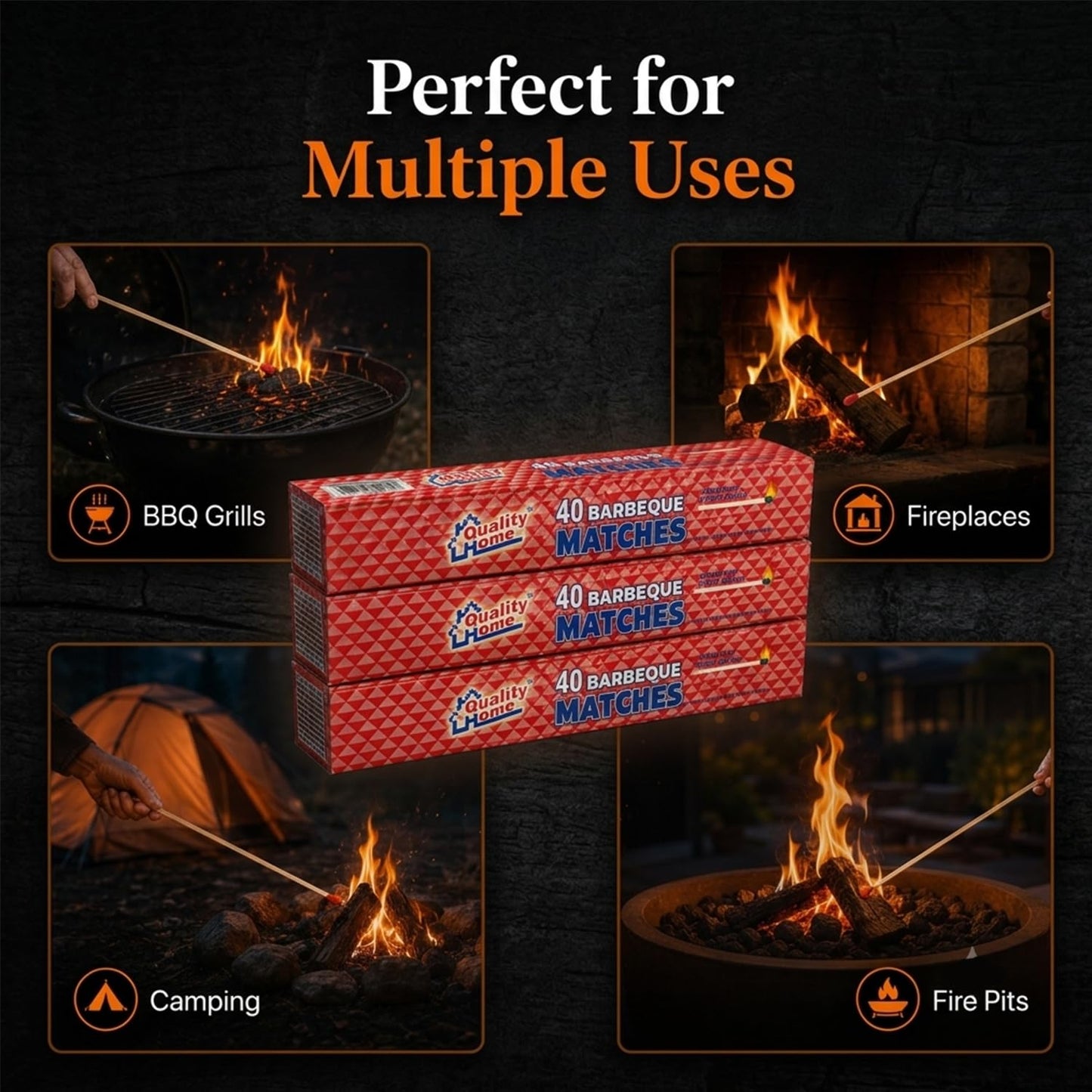 Quality Home Long Wooden Fireplace Matches for Candles, Camping, BBQ Grilling - 11" Matches, 40 in Each Box (3)