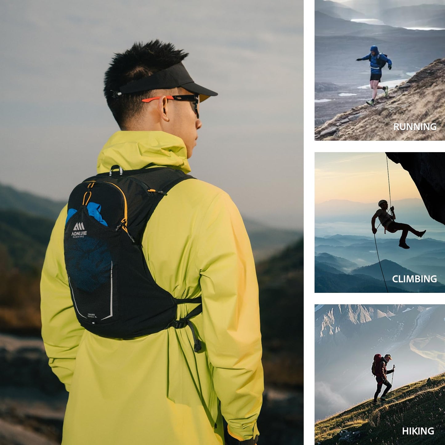 AONIJIE Running Hydration Vest for Men & Women, 8L Hydration Backpack, Multiple Pocket Designs for Water Bottles/Bladders, Lightweight Breathable for Hiking, Climbing, Marathon & Cycling - Black