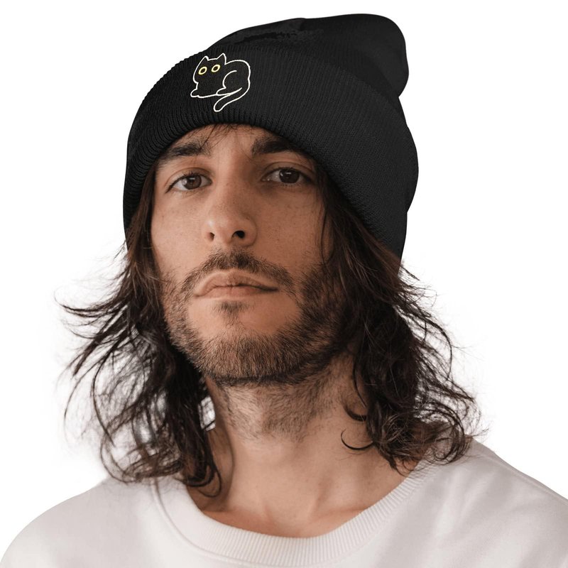 FUNCOOLCY Black Cat Embroidery Beanie Hat,Winter Warm Knit Cuffed Skull Cap for Men Women