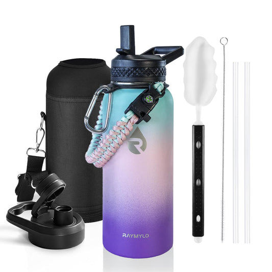 RAYMYLO Insulated Water Bottle 32 oz, Triple Wall Vacuum Stainless Steel (Cold for 48 Hrs), Leak Proof & Non-BPA, Modern Water Flask Jug with Paracord Handle & Straw Spout Lids, Hydrangea