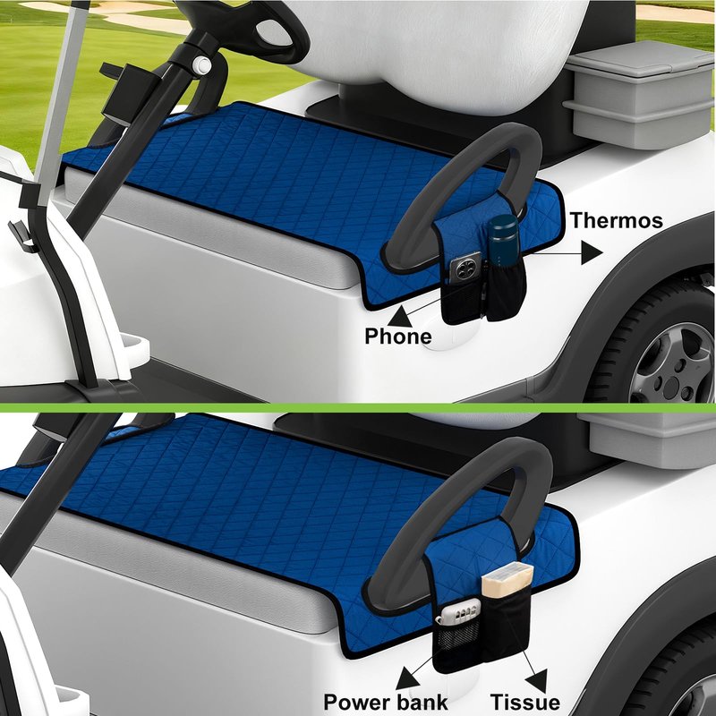 Triforde Golf Cart Seat Cover - Anti-Slip Waterproof Golf Cart Seat Covers for EZGO, Yamaha, Club Car | 4 Side Pockets | All-Season Comfort (Breathable Cotton) | Blue