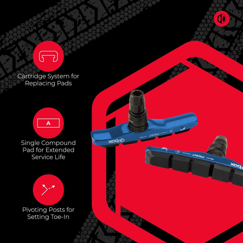 Box Two 70 Millimeters BMX Brake Pads w/CNC-Machined Cartridge Body, Laser-Etched Graphics, Single Compound Rubber Pad & Pivoting Posts | Red