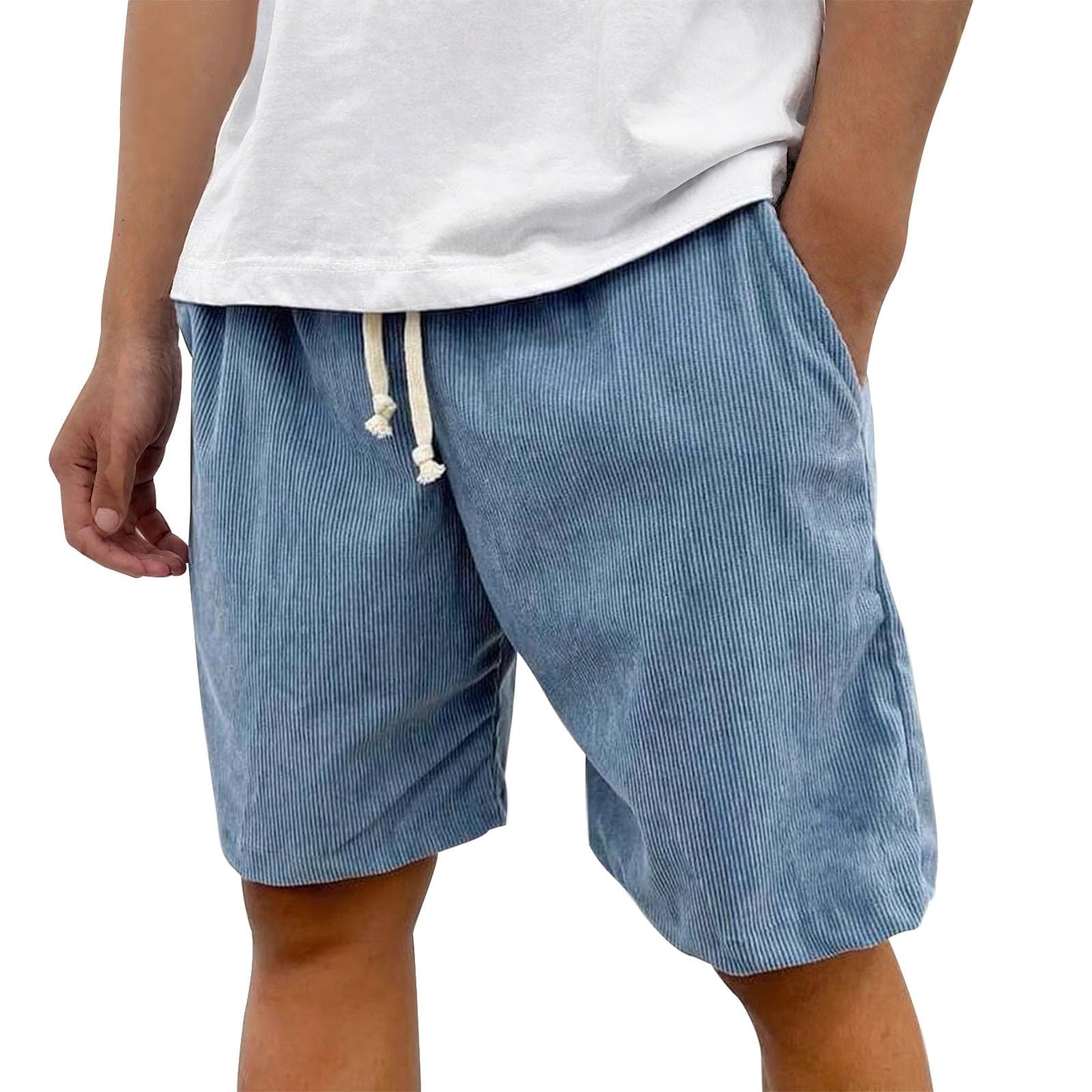 Zaswen Men's Corduroy Daily Wear Short Pants 2025 New Summer Elastic Waist Shorts Drawstring Beach Travel Distressed Shorts Blue 4XL