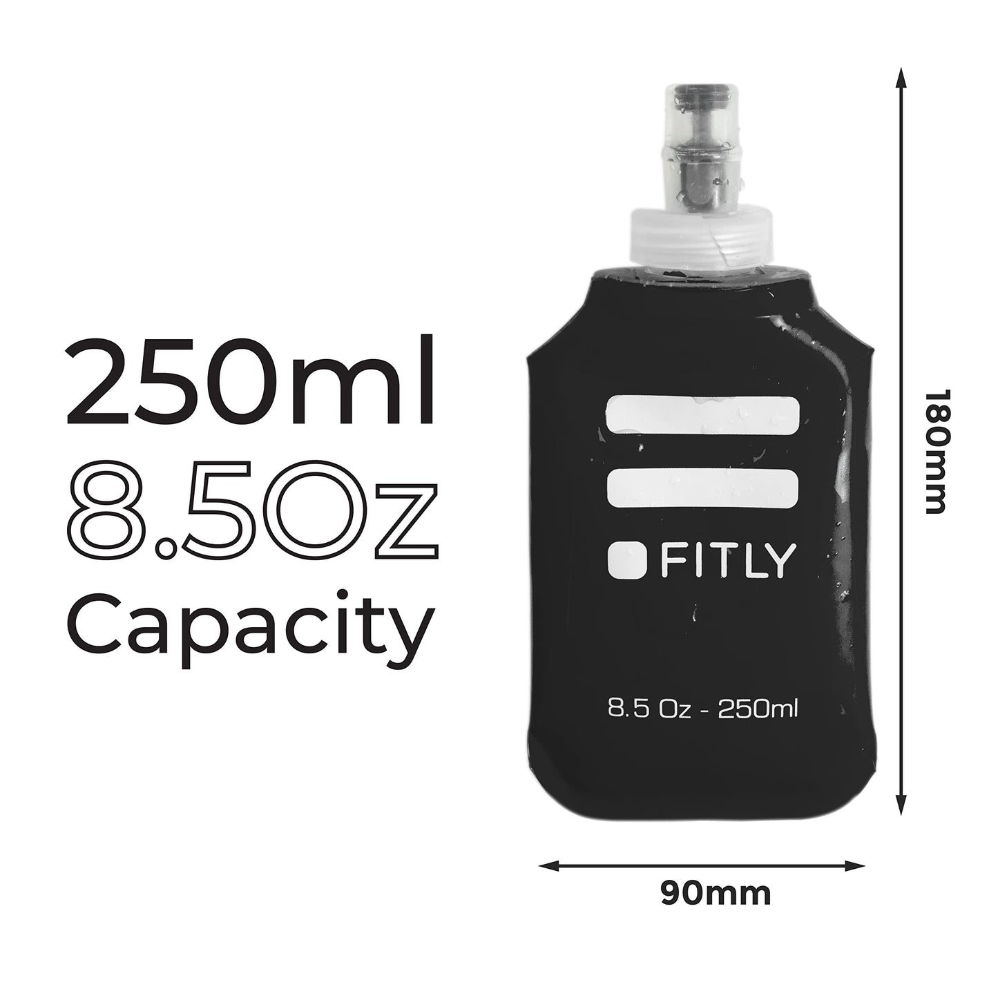 FITLY Soft Flask - 8.5 oz (250 ml) - Shrink As You Drink Pocket Soft Water Bottle for Hydration Pack/Running Vest- Folding Water Bottle for Running, Hiking, Cycling - Ski Water Bottles (FLASK250)