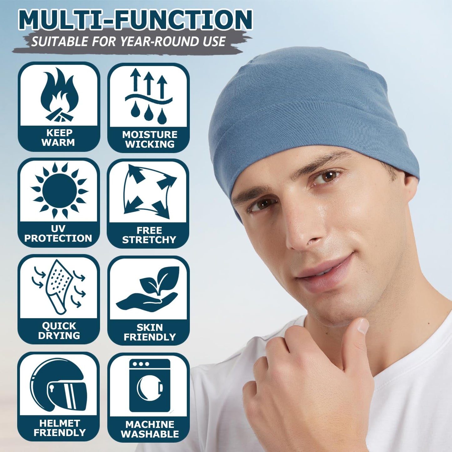 100% Cotton Skull Caps Beanie Sleeping Hats for Men Women 4-Pack Multi