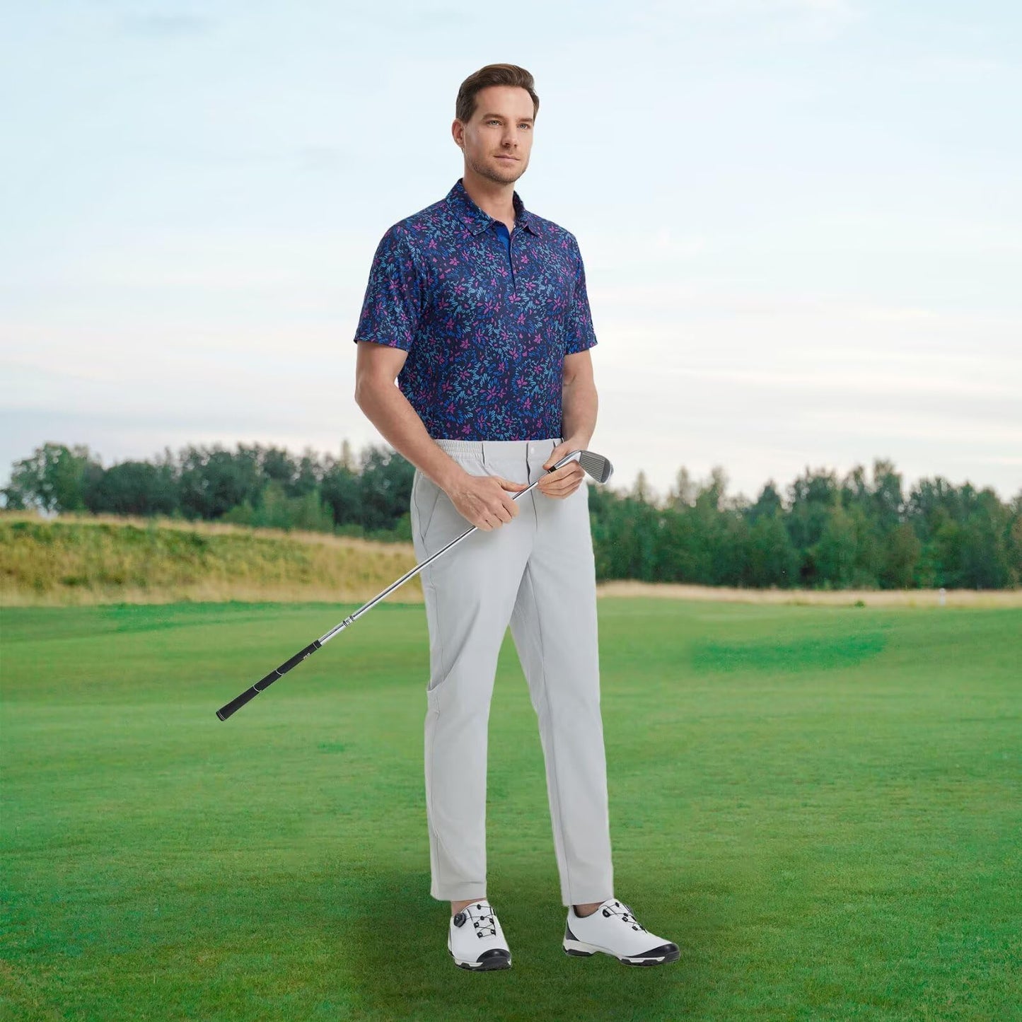 M MAELREG Mens Golf Shirt Short Sleeve Dry Fit Print Moisture Wicking Performance Patterns Collared Polo Shirt