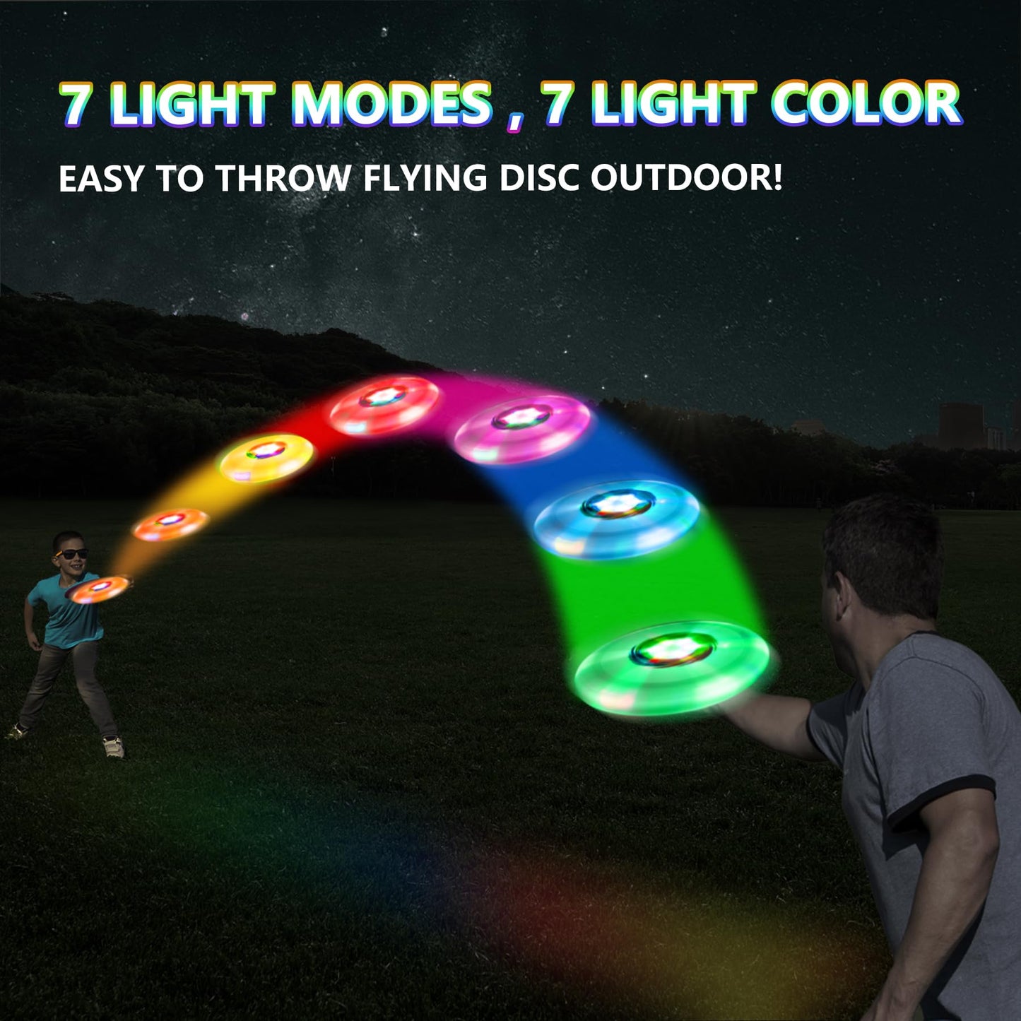 Kovshuiwe Colorful Light Up Flying Disc - 7 Modes, 12h Battery, 175g Ultimate Disc, Soft Flying Discs, Adult/Men/Boys/Teens Birthday, Ideal for Outdoor, Lawn, Camping Games, Gift.