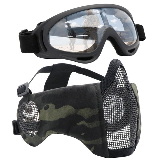 Yzpacc Airsoft Mask with Goggles, Foldable Half Face Airsoft Mesh Mask with Ear Protection for Paintball Shooting Cosplay CS Game