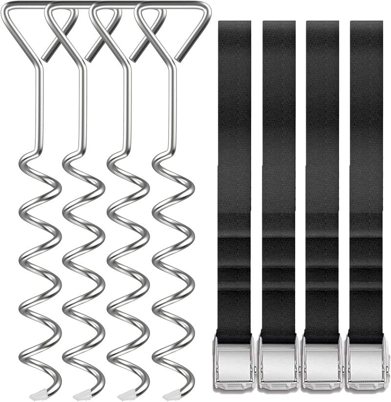 Heavy Duty Trampoline Anchor Kit - Spiral Ground Stakes with Straps & Tool | 4-Pack for Secure Trampoline, Tent, Canopy, Gazebo