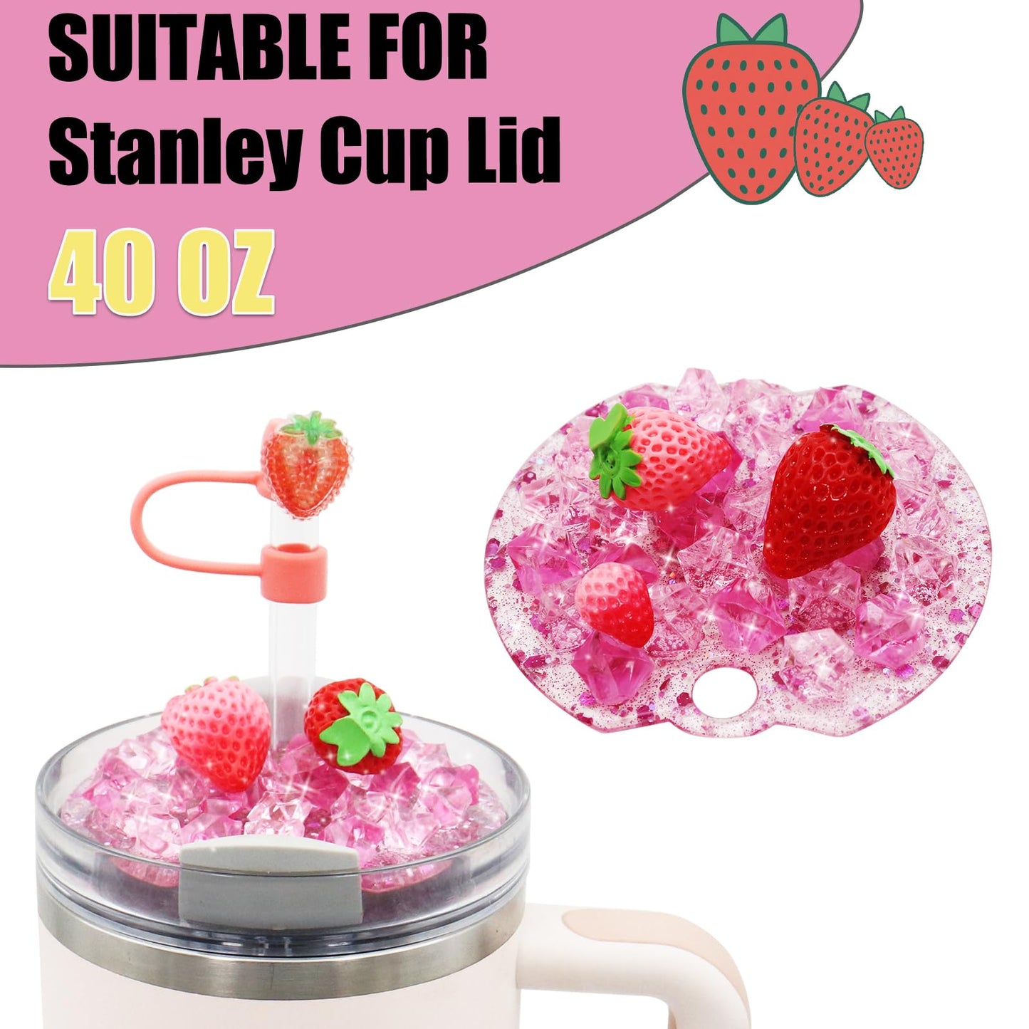 Cup Lid Topper Decoration for Stanley 40 oz，Including Silicone Boot, Silicone Straw Topper Cover Cap, Lid Charms，Cup Chain - Cute Strawberry Decoration Accessories